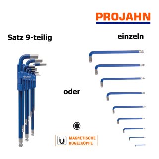 Projahn BLUE EDITION Sechskant-Kugelkopf-Winkelstiftschlüssel, extra lange Ausführung, blau, mit Magnet, nach DIN ISO 2936