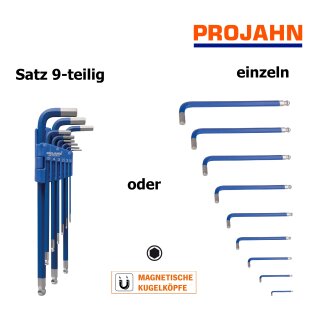 Projahn BLUE EDITION, Sechskant-Kugelkopf-Winkelstiftschlüssel, extra lange Ausführung, mit Magnet, blau