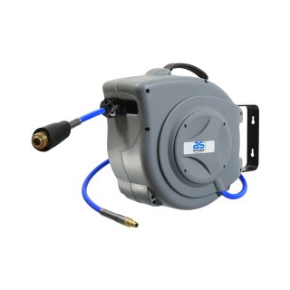 as Schwabe Profi Druckluftschlauch-Aufroller 15 m, Schlauchrückführung und Schlauchstopp, Anschlusschlauch 1m + ausrollbarer Schlauch 15 m mit Schnellkupplung NW7,2, hochflexibler Polyurethanschlauch 8x12 mm, inkl. massiver schwenkbarer Wandhalterung