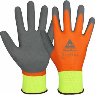 Hase SuperFlex+, Montagehandschuh aus Polyester mit Latex Vollbeschichtung, grau/gelb/orange, Gr. 08